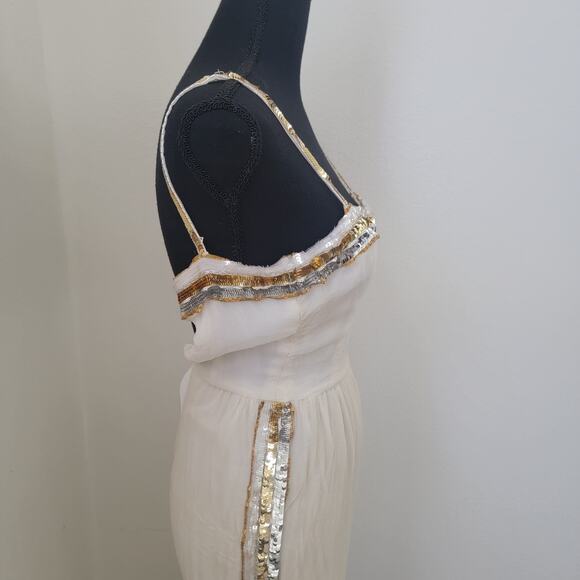 Vintage 90s Saks Fifth Avenue 100% Pure Silk Sequin Maxi Dress Beige Cream Sz 6 - Picture 6 of 16